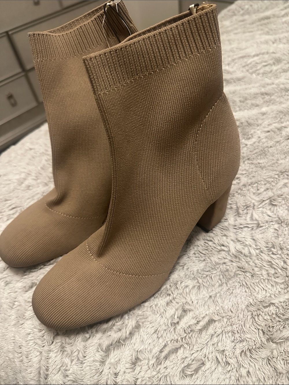 MIA Tan Knit Sock Ankle Booties with Block Heel